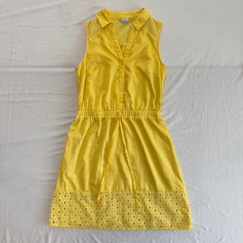 ELLE Yellow‎ Eyelet Sleeveless Dress Collared Mini Casual Summer XS